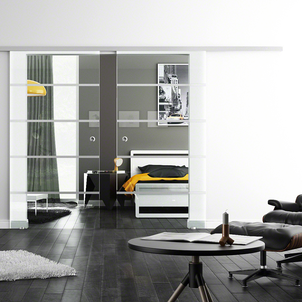 Glasschiebetür, LEVIDOR SoftStop / Soft Close, 2-flg., Satiniert Design Dekor