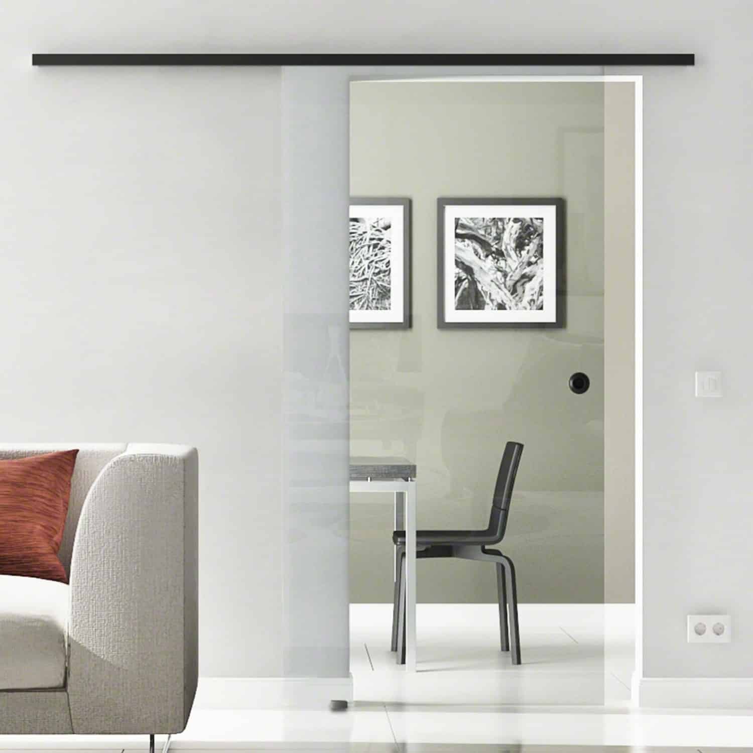 Levidor Glasschiebetür Komplettset 65 x 205 cm Klarglas Schwarz mit Griffmuschel