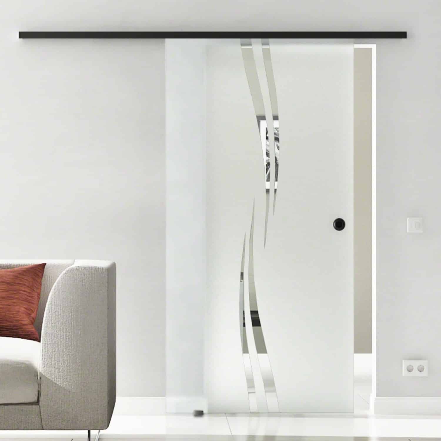 Levidor Glasschiebetür Komplettset 90 x 205 cm Augsburg Schwarz mit Griffmuschel und SoftClose