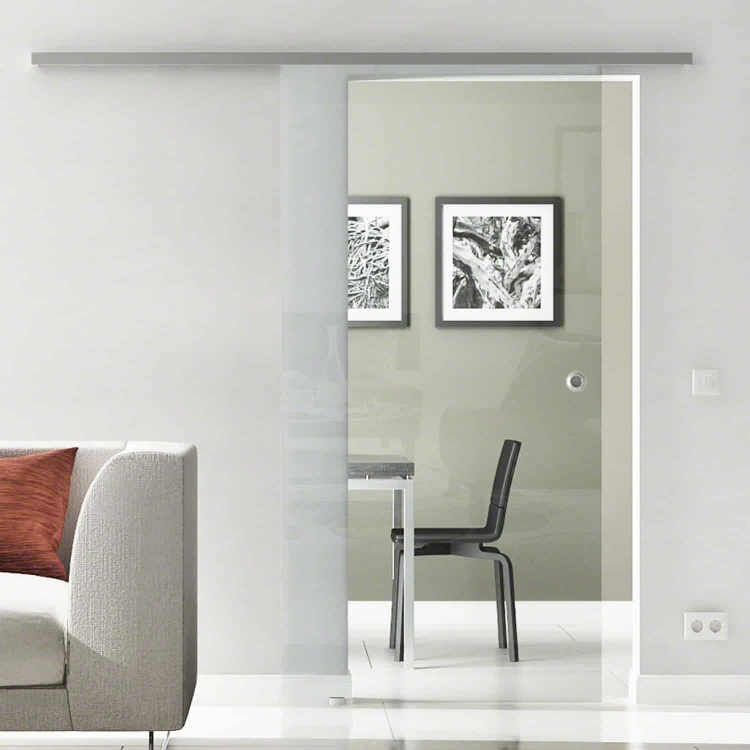 Levidor Glasschiebetür Komplettset 90 x 205 cm Klarglas Edelstahl mit Griffmuschel und SoftClose